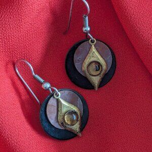 Artisan Multi-Color 3-Tier Abstract Drop Earrings Gold Tone Craft Show Find